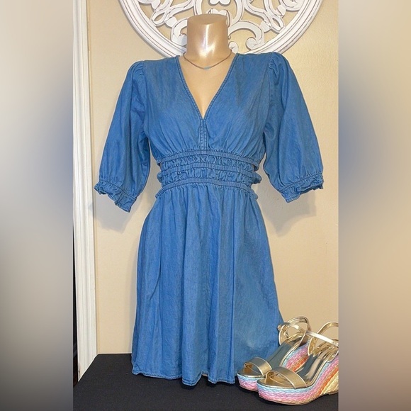 Speed limit women large 12 14 dress mini Blue Denim Jean cut out sides fit flare - Picture 1 of 10